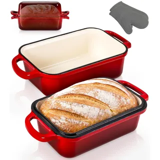 Nutrichef Brotbacktopf Gusseisen mit Deckel, emailliert, Kastenform Rot | Dank 2-in-1-Bauweise einzeln oder gestapelt für den Dutch-Oven-Effekt nutzbar, ofenfest bis 260°C, inkl. Silikon-Handschuhen