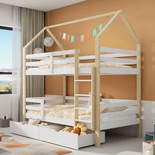 Merax Hochbett 90x200cm, Etagenbett mit Leiter & große Schubladen Stockbett für 2 Kinder mit Rausfallschutz und 2 Lattenrost, Kiefernholz Kinderbett Jugendbett, Doppelbett Hausbett, Holzfarbe & Weiß