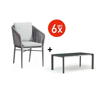 acamp Garten-Essgruppe Stapelstuhl Set Manhattan inkl. ausziehbarer Tisch Woody, (Gartenmöbel Set), stapelbar, Sitzgruppe, Lounge-Set mit Gartentisch 180-246x110x77cm grau