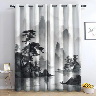 SZLYZM Orientalisch Vorhänge, Verdunklungsvorhänge mit Muster Japanische, Vorhang Blickdicht mit Ösen, Gardinen für Wohnzimmer Schlafzimmer Kinderzimmer Deko 2er Set - 137x117 (H X B) (W1-&74)