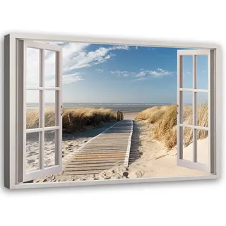 Feeby Leinwand Bilder - Fensterblick Strand Meer Natur - Vlies 45x30 cm - Deko Wohnzimmer - Wandbilder Schlafzimmer - Deko Aesthetic - Wand Deko - Leinwand Groß - Deko Zimmer - Leinwandbilder XXL