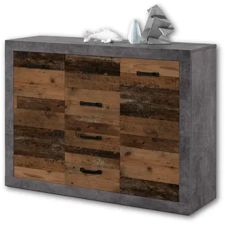 Stella Trading INDIANA Vintage Sideboard in Old Wood Optik, Betonoxid - rustikale Retro Kommode mit viel Stauraum für Ihren Wohnbereich - 117 x 90 x 37 cm (B/H/T)
