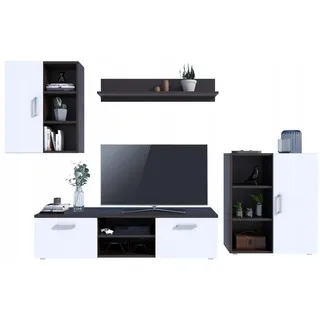 matkam Wohnwand Dedal, Schrankwand Wohnzimmer Modern, Wohnzimmerschrank mit Fernsehtisch Komplett Möbel (Wenge-Weiß)