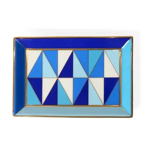 Jonathan Adler Sorrento Schmuckschale, rechteckig, Blau | Rechteckiges Tablett aus hochgebranntem Porzellan in brillantem Blau mit reinen Goldakzenten; ein vielseitiges Schminktablett