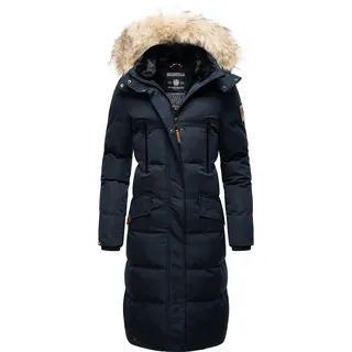MARIKOO Damen Wintermantel warmer Steppmantel lang mit abnehmbarem Kunstfell und Kapuze Schneesternchen Navy Gr. XS - XS