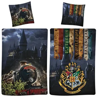 BERONAGE Kinderbettwäsche Harry Potter Express 9 3/4 Bettwäsche Linon / Renforcé, 100% Baumwolle, 2 teilig, 135x200 + 80x80 cm bunt|schwarz
