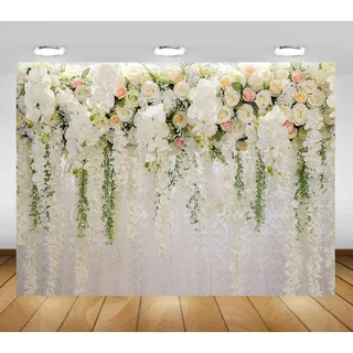 Avezano Weißer Blumen-Wandhintergrund 2,4 x 1,8 m Rosen Floral Vorhang Blume Meer Fotografie Hintergrund für Braut Hochzeit Säugling Neugeborene Babyparty Geburtstag Party Fotostudio Requisiten