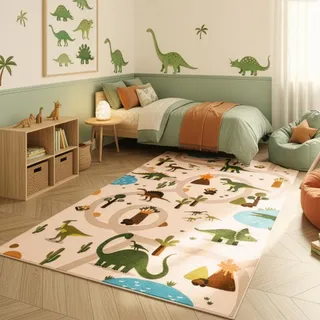 SIMPEX Kinderteppich Dinosaurier Spielteppich für Kinderzimmer in Beige Dino Motiv mit Straßen Größe 120x170 cm ideal als Spielteppich