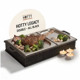 INEXTERIOR Hotty Legacy Warmhalteplatte fürs Grillen – BBQ-Design Speisenwärmer – Stövchen für Grillgut mit Kerzen – BBQ-Board für Grillpartys (All Black, L)