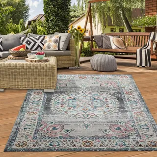 Teppich-Traum In- & Outdoor Teppich Vintage Blumen Grau Blau 200x290 cm | Pflegeleicht, schmutzabweisend, farbecht und strapazierfähig, für Terrasse, Balkon, Garten, Pavillon und Essbereich