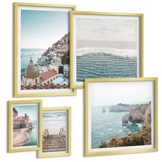 BILDER SET 5er Set - 50x50 cm & 20x30 cm & 40x60 cm Goldrahmen - Wasserfälle, Berge, Brücken, Bäume