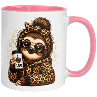 Momentals Tasse Faultier – „Leoparden Style“ – lustiger Geschenk Becher für Frauen, Gratis Versand · Links-&Rechtshänder · Spülmaschinenfest rosa
