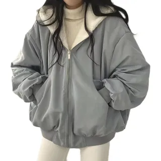Vagbalena Damen Teen Girls Reversible 2000 Zipper Hoodie Sherpa Jacke Fleece Saison Mantel Can Vintage Muster Übergroße Ästhetische Sportarten (Blau,L) - L