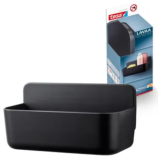tesa Lavaa Duschkorb M, schwarz matt - Duschablage zur Wandmontage ohne Bohren, inkl Powerstrips Waterproof Strips XL - 260 mm x 130 mm x 110 mm