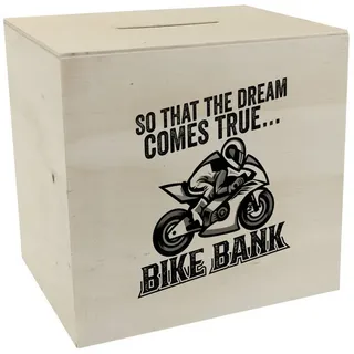 speecheese Spardose Bike Bank Spardose aus Holz mit Spruch und Motorrad in weiß