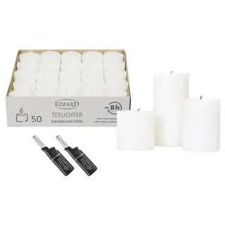 EDZARD 3er-Set Dauerkerze Cornelius (Höhe 6/8/10 cm, ø 6 cm) plus 50 Teelichter plus 2 Stabfeuerzeuge
