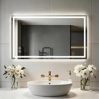 Badezimmerspiegel Wandspiegel LED Badspiegel mit Beleuchtung 120x70cm mit Touch-Schalter Beschlagfrei IP65-Spiegel-Bad mit Speicherfunktion,Wandspiegel 3 Farbtemperatur,Horizontal/Vertikal, HD Hartgla