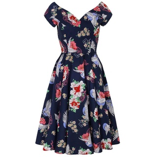 Hell Bunny A-Linien-Kleid Misa Swing Dress Retro Blumenmuster Kranich Vintage Tropical Flowers blau M