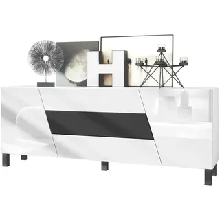 Vladon Sideboard 178 x 57,5 x 38,5 cm Weiß matt/Weiß Hochglanz/Schwarz matt