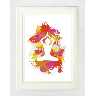 1art1 Bild mit Rahmen Silhouetten - Yoga Lotos Pose, Farbkleckse 30 cm x 40 cm
