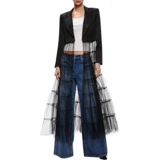 Vagbalena Frauen Satin Tulle Patchwork Leichtes langes Blazer Asymmetrischer Langhemdkleid Tüll Mesh Patchwork Strickjacke Club Partyjacke (Schwarz,L) - L