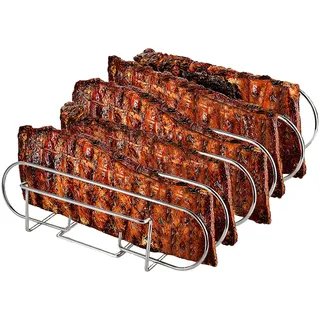 Spareribs Halter Grill – Braten und Rippchenhalter Edelstahl, Aufsatz zur Zubereitung von 5 Spareribs und Braten auf Gas- und Kohlegrill – Backofen- und Spülmaschinengeeignet – 33 x 29 x 8 cm
