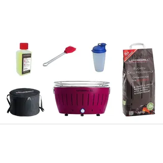 LotusGrill XL Starter-Set 1x XL Grill Pflaumenlila mit USB-Anschluß, 1x Buchenholzkohle 2,5 kg, 1x Brennpaste 200ml, 1x Marinierpinsel, 1x Dressingshaker, 1x Transport-Tasche XL