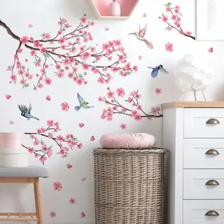 Wandtattoo Mit Rosa Kirschblüten, Wanddekoration Für Schlafzimmer, Wohnzimmer Oder Fenster, Blumenmuster Mit Weinreben Und Vögeln
