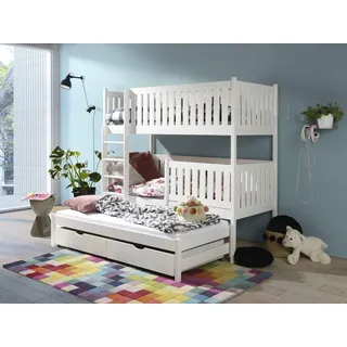 KEF Julia Etagenbett Kinder 80x180 cm - Etagenbett 3 Personen - Holz Kinderbett - für DREI Kinder - mit Schubladen - Ausziehbares Drittes Bett - mit Matratze - Weiß - Leiter Links