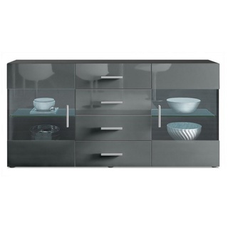 Vladon Sideboard Bari (Kommode mit 2 Türen, 4 Schubladen und 2 flexible Glaseinlegeböden), Schwarz matt/Grau Hochglanz (139 x 72 x 35) grau
