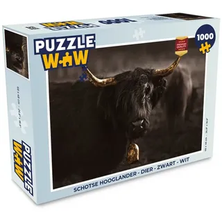 MuchoWow Puzzle Scottish Highlander - Tier - Schwarz und weiß, 1000 Puzzleteile, Foto-Puzzle, Bilderrätsel, Puzzlespiele, Klassisch schwarz 48 cm x 68 cm x 2 cm | Querformat