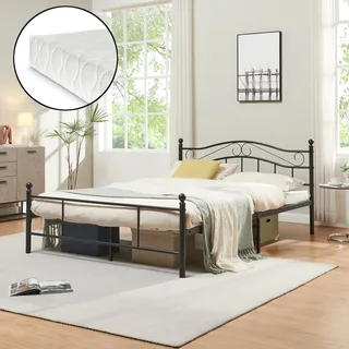 Metallbett Florenz 140x200 cm mit Kaltschaummatratze Schwarz en.casa