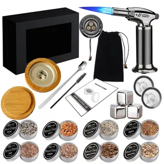 Cocktail Räucher-Set – Whisky Räuchersystem mit 8 Holzsorten & Zubehör – Flygragon Professioneller Smoker für Old Fashioned & Bourbon – Geschenkidee für Männer
