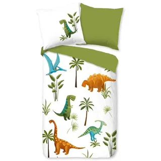 good morning Bettwäsche Jurassic Park 20014 White, Baumwolle, 2 teilig, Dinosaurier, Urzeit, Palmen grün|weiß