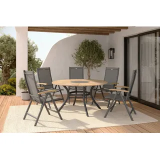 HARTMAN Aruba/Provence Garten-Essgruppe, xerix/natur, Alu/Textilene/Teak, Ø150 cm, 5 Klappstühle, Eisbox