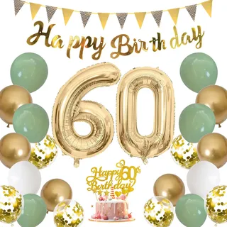 Moorle Salbeigrüne 60. Geburtstag Deko für Frauen und Männer - Grün Weiß Gold Luftballons, Party Ballons mit Banner Flaggen, Tortendeko für 60. Dekoration