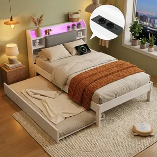 Holzbett 120x200 Cm Mit Ausziehbett 90x190 Cm, Weißes Funktionsbett Mit Gepolstertem Kopfteil, Led-lichtleiste, Kopfteilregal Und Ladestation, Ausziehbett Links/rechts Montierbar