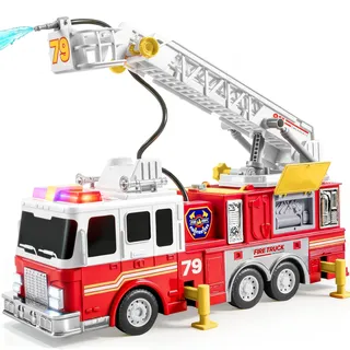 JOYIN Groß Feuerwehrauto Spielzeug ab 2 3 4 Jahre, mit 83 cm Leiter, Spielzeugauto, Feuerwehr, Eektrischen Knöpfen, Lichtern, Sirenen, Drehbarer Schlauchtrommel und Abnehmbarer Wasserpumpe
