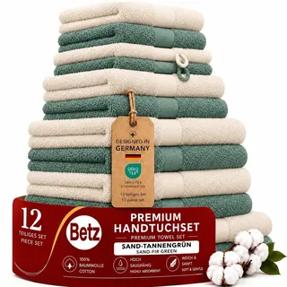 Betz Premium Handtuch-Set 12-teilig – 100% Baumwolle – Oeko-TEX® Zertifiziert – 470 g/m2 – 2 Duschtücher, 4 Handtücher, 2 Gästetücher, 2 Seiftücher & 2 Waschhandschuhe - Farbe Sand/tannengrün