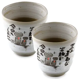Authentische Mino Yaki (Ware) handgefertigte japanische Teetassen Yunomi Teetasse Tasse, japanisches Gedicht Jizo Statue Design Grau, 18 ml. oz 2er Set, Keramik, Teeparty-Set, grüner Tee, Matcha-Tee