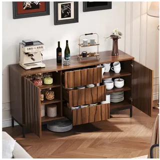 IDEASY Sideboard Mit 2 Türen und 3 Schubladen, 150cm Eiche dunkel gemasert, Buffet (Küchenschrank, Mid Century Modern Dekorativer Schrank), Kommode für Küche, Wohnzimmer, Eingangsbereich, Flur braun
