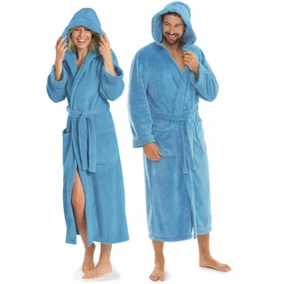 aqua-textil Bademantel mit Kapuze Damen Herren, Morgenmantel weich und super flauschig, Coral Fleece Saunamantel lang, Malibu in den Größen XS bis XXXL, Hell-blau, 3XL - 3XL