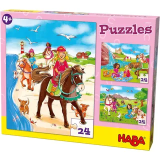 HABA 304221 - Puzzles Pferdefreundinnen, 3 Puzzles mit je 24 Teilen; 3 unterschiedliche Pferde- und Reitmotive, Puzzlespaß ab 4 Jahren