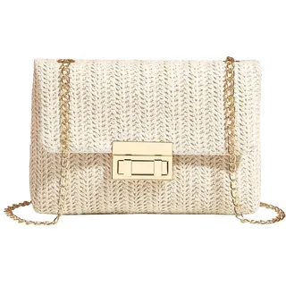TOFBS Strandtasche Damen Stroh Clutch Häkeltasche Sommer Gewebt Handgewebte Tote Bags Elegante Cross Body Umhängetasche mit Kette für Party Bankett Urlaub (Beige) - Einheitsgröße