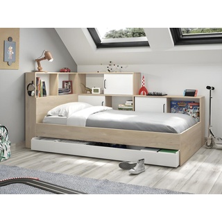 Bett mit Stauraum & Schublade + Lattenrost + Matratze - 90 x 200 cm - Naturfarben & Weiß - ARMAND