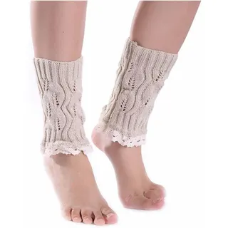 SHTGOI Damen Beinstulpen Kurz Ausgeschnittene Strickstrümpfe mit Vintage Spitzenrand Weiche Wolle Beinwärmer Stulpen Wärmer Legwarmer Beinbezüge zu Röhrenjeans, Rock und Strumpfhosen Beige