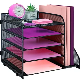 ideallife Schreibtisch Organizer Ablage aus Metall, 5 Ebenen Papier Briefablage mit Aktenhalter, Mesh Schreibtisch Akten Organizer mit Zeitschriftenhalter für Büro Dokumentenablage