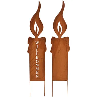 itsisa Gartenstecker Kerze Willkommen (2er Set), H: 69 cm, Rostdeko, Rost Flamme, Weihnachten Deko, Advent