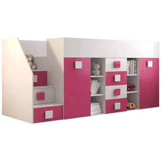 QMM TraumMöbel Hochbett TELLY 3 mit Treppe links (Bett mit Schrank, Schreibtisch, Schubladen, Regale, Treppe) ausziehbarer Schreibtisch mit weiteren Stauräumen rosa