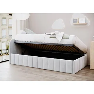 Bett Mario 100x200 cm, Polsterbett mit Metallrahmen, Jugendbett mit Bettkasten, Riviera-Stoff, Beige, Rechts - Beige